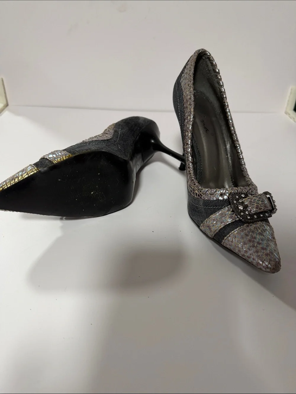 Metallic Gray Snakeskin-Accent Pointed Toe Stiletto Pumps